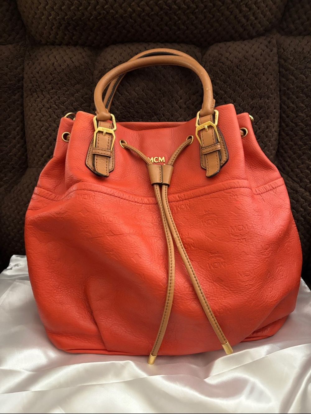 MCM Orange Pebbled Leather Drawstring Shoulder Bag with Tan Trim